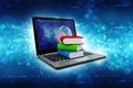 Online education concept - laptop computer with colorful books. 3d rendering Royalty Free Stock Photo