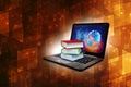 Online education concept - laptop computer with colorful books. 3d rendering Royalty Free Stock Photo