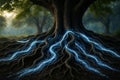 Digital Life Force: Ancient Tree with Massive Roots Illuminated by Glowing Blue Energy Lines Royalty Free Stock Photo