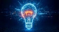 Digital lightbulb concept, technology innovation, bright idea, plexus network background, global connection, futuristic energy, Royalty Free Stock Photo