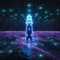 Digital lighthouse stands in a glowing sea with a grid and binary code during a nighttime scene Royalty Free Stock Photo