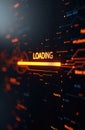 Digital loading screen shows orange data stream. Golden lines show tech interface and progress of data. Modern design. Tech