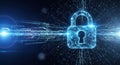 Digital lock with binary code and glowing network connections on a dark blue background Royalty Free Stock Photo