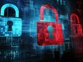 Digital lock on computer screen features binary code padlock with keyhole icon. Background is abstract representation of