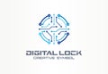 Digital lock creative symbol concept. Circuit circle safe, access control system abstract business logo. Data protect