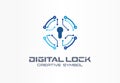 Digital lock creative symbol concept. Circuit circle safe, bank access system abstract business logo. Finance money