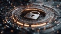 Digital Lock Cryptographic Key Access. Cybersecurity Defense with Protective Shield System, 3D Render 4K. Royalty Free Stock Photo