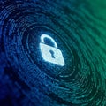A digital lock icon is centered over a background of binary code forming a circular Royalty Free Stock Photo