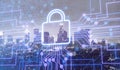 Digital lock icon and city background, concept of