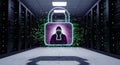 Digital Lock Icon in Data Center with Green Binary Sparks Depicting Cybersecurity Royalty Free Stock Photo