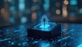 Digital lock icon on futuristic circuit board. Secure data access technology concept. Cyber security innovation with AI and Royalty Free Stock Photo