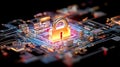 Digital lock icon glowing orange over a futuristic cityscape circuit board, symbolizing secure data systems, urban technology,