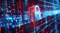 digital lock icon hovering over a computer screen with binary code in the background, representing data security and privacy in a Royalty Free Stock Photo