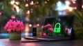 digital lock placed over a laptop and smartphone, with floating digital code representing secure encryption Royalty Free Stock Photo