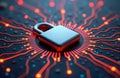 Digital lock protects online data. Secure tech system safeguards info. Modern tech illustration shows encryption. Advanced tech
