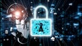 Digital Lock and Security Concept with Robotic Hand Interacting with Data Interface and Connected Icons Representing Royalty Free Stock Photo