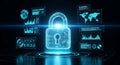 digital security interface with glowing padlock and data analysis displays on a dark background, representing cybersecurity and da Royalty Free Stock Photo