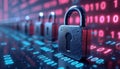 Digital lock sign over binary code background, representing big data, encrypted computer code for internet security, privacy Royalty Free Stock Photo