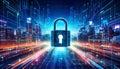 Digital lock symbol on a cityscape with skyscrapers, representing secure business technology strong safety data