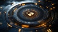 Digital lock symbol on futuristic circuit board background with glowing elements Royalty Free Stock Photo