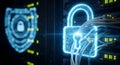 digital lock symbol is superimposed over server racks filled with glowing LED indicators Royalty Free Stock Photo