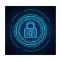 A digital lock symbol surrounded by binary code on a dark blue background Royalty Free Stock Photo