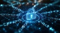 Digital lock symbolizing cybersecurity in a connected network of data chains