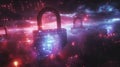 Secure Digital Network with Padlocks in Dark Purple and Blue Glowing Nebula Royalty Free Stock Photo