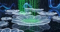 Digital Lotus Flowers with Green Binary Code Rain and Abstract Blue Background Royalty Free Stock Photo