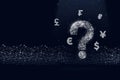 digital low poly question marks holographic interface and currency of different countries and digital line on dark blue background