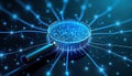 Digital magnifying glass focuses on complex network. Blue interconnected points, lines represent data analysis. Futuristic tech
