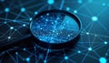 Digital magnifying glass focuses on complex network of interconnected data points. Futuristic tech interface. Data analysis