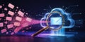 Digital mail analysis and cloud integration with magnifying glass and data stream Royalty Free Stock Photo