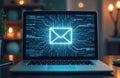 Digital mailbox concept on laptop screen. Glowing envelope with digital circuit patterns symbolizes online message communication. Royalty Free Stock Photo