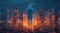 Digital Man Standing Cityscape Futuristic Night Royalty Free Stock Photo