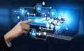 Digital Management Concept with Interactive Technology Representations and Close-up Hand Gesture on Laptop Screen for Royalty Free Stock Photo