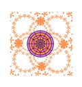 Digital mandala style artwork with colourful circles, stars and saffron flowers