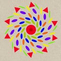 Digital mandala style artwork consisting of colourful petals and sepals on a cloth canvas Royalty Free Stock Photo