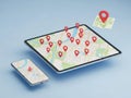 Digital map display with multiple location markers Royalty Free Stock Photo