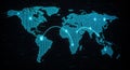 Digital map displaying a world map in neon blue on a dark background. Multiple