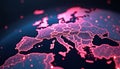 Digital map of Europe at night, glowing with interconnected data networks and light points. Futuristic visualization of Royalty Free Stock Photo