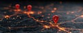 Digital map with glowing routes and red location markers Royalty Free Stock Photo