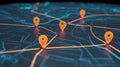 Digital map with glowing orange location pins connected by lines on a blue circuit board background Royalty Free Stock Photo