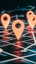 Digital map with glowing orange location pins, tech patterns, urban feel