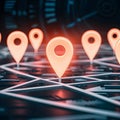 Digital map with glowing orange location pins, tech patterns, urban feel