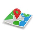 A digital map with a location pinpointed by a red marker on a tablet screen Royalty Free Stock Photo