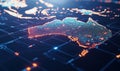 Digital map representation Australia, glowing dots, network connections, technology visualization, data mapping