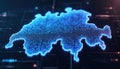 Digital map of Switzerland glows with blue binary code particles. Futuristic grid pattern forms country outline. Data streams and Royalty Free Stock Photo