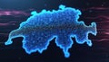 Digital map of Switzerland made of blue glowing binary code on dark background with purple light streaks. Futuristic abstract Royalty Free Stock Photo
