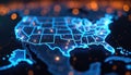 Digital map of USA with glowing blue lines, dots. Network, connectivity concept. Data transfer, cyber tech illustration. Abstract Royalty Free Stock Photo